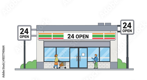 Modern convenience store building with 24-hour open signs and people shopping is shown as a common feature of urban life.