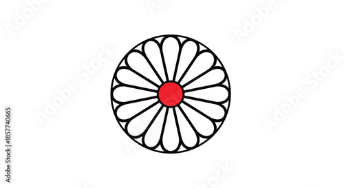 Symmetrical flower symbol with sixteen white petals and a red center is reminiscent of a traditional Japanese family crest.