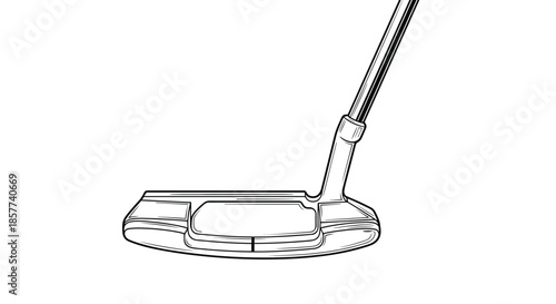 Precise line art drawing focuses on the head of a golf putter showing its specific shape and alignment lines for accurate putting.