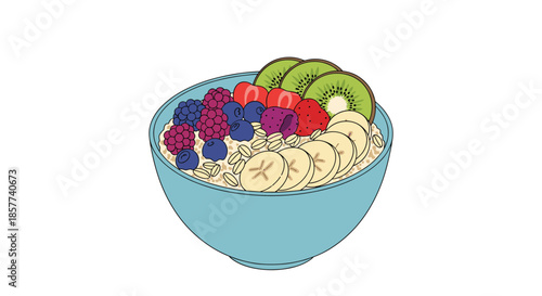 Nutrient-dense bowl of oatmeal is topped with sliced kiwi, strawberries, blueberries, and bananas for a healthy start to the day.