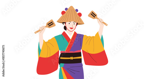 Woman dressed in a colorful traditional Japanese kimono performs a dance while holding wooden naruko clappers in both hands.