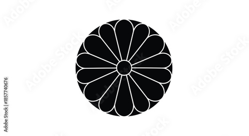 Imperial Seal of Japan emblem with sixteen petals depicted as a black chrysanthemum crest on a white background.