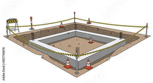 Concrete foundation of a new building is surrounded by dirt and yellow safety tape at a residential construction site.