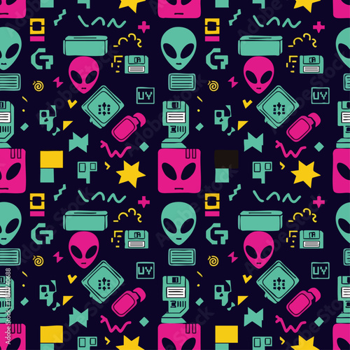 Retro futuristic pattern featuring aliens, floppy disks, and geometric shapes in vibrant neon colors on a dark background.