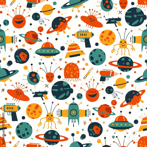 Whimsical and colorful seamless pattern featuring cartoon aliens, planets, and retro ray guns in outer space.