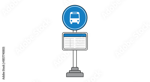 Modern blue bus stop sign with a bus icon and a timetable display mounted on a sturdy metal pole for public transit.