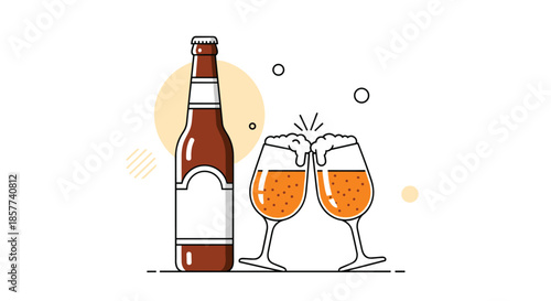 Brown glass beer bottle and two foaming glasses clinking in a celebratory toast for a social gathering or party.