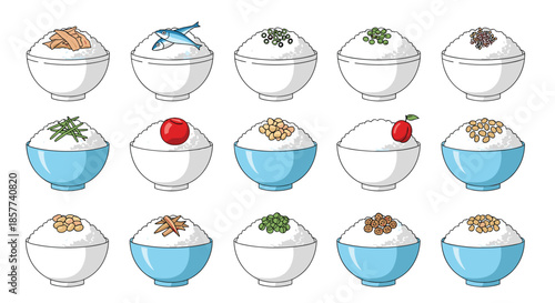 Large collection of white rice bowls with different traditional japanese toppings including fish plums and beans.