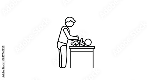 Simple line icon of a person changing a baby's diaper on a changing table for parenting and childcare concepts.