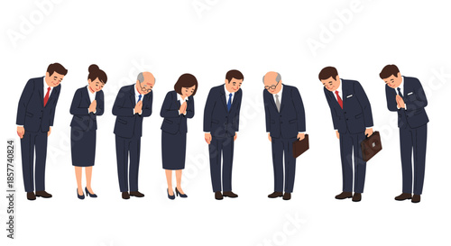 Group of professional japanese businessmen and businesswomen in suits bowing respectfully in a formal greeting line.