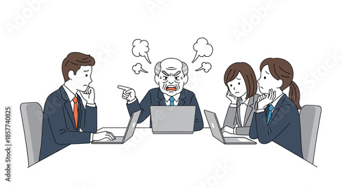 Angry senior manager shouting at young business team members during meeting in office while steam comes out of his head.