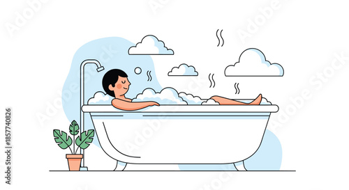 Relaxed man enjoying a hot bubble bath in a classic white tub with steam rising and artistic clouds in the background.