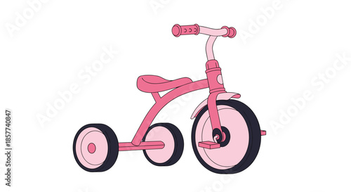 Classic pink tricycle for kids with three wheels and pedals shown in simple illustration style on clean white background.