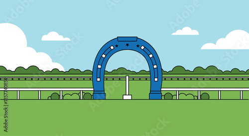 Landscape of a green horse racing track with white fences and a large blue horseshoe arch under a beautiful cloudy sky.