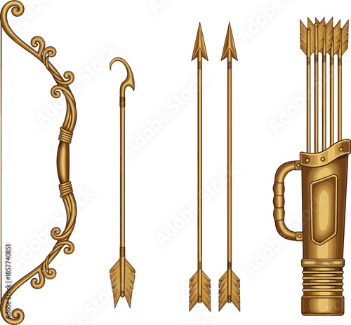 Golden fantasy bow arrows and quiver set isolated medieval archery equipment vector illustration for games and mythology