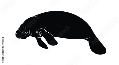 Solid black silhouette of a manatee or sea cow swimming underwater shown in profile against a white background.