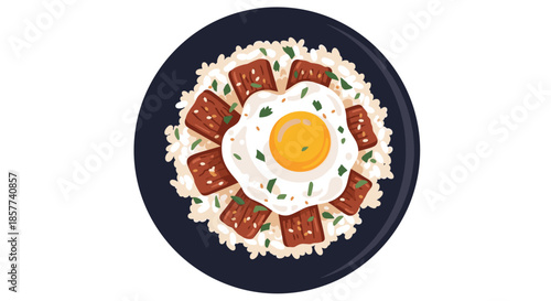 Delicious bowl of rice topped with grilled meat slices and fried egg garnished with herbs on black plate viewed from above.