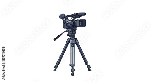 Professional video camera mounted on sturdy black tripod ready for filming movies television shows or documentary production.