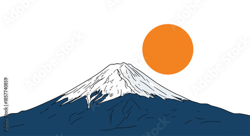 Iconic Mount Fuji with snow capped peak depicted alongside large orange sun symbolizing sunrise or sunset in Japanese landscape.