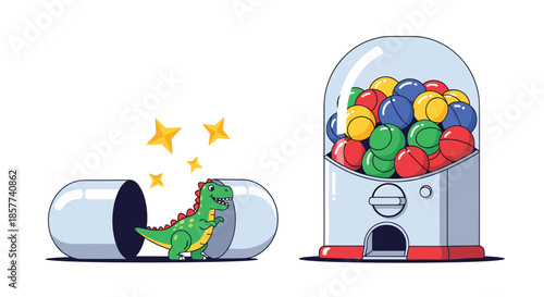 Gashapon machine filled with colorful capsules next to open capsule revealing small green toy dinosaur with yellow stars.
