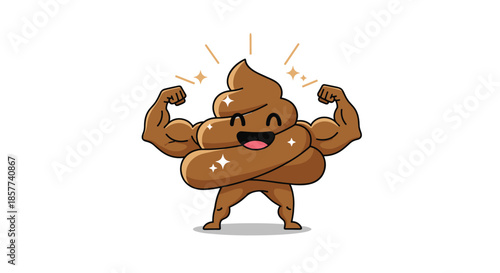Cartoon illustration of smiling brown poop character with muscular arms showing strength and health on white background.