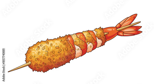 Golden brown deep fried shrimp skewer with crunchy breading and tail showing representing japanese kushiage street food.