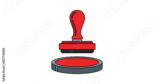 Red rubber stamp and matching circular ink pad shown in simple illustration style for office use or official documents.