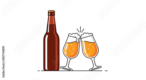 Brown glass beer bottle next to two full glasses of beer clinking together in celebration or toast with white foam.