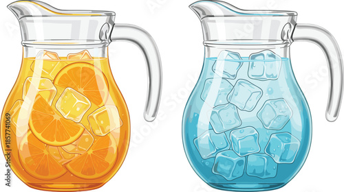 Glass pitchers with refreshing orange juice and ice water illustration, summer beverage containers vector isolated on white background