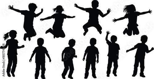 Silhouettes of children jumping and standing, black figures, playful posture, expressive gesture, white background, childhood movement and activity illustration