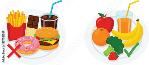 Healthy versus unhealthy food comparison illustration showing junk food restriction and balanced nutrition choices for diet lifestyle concept
