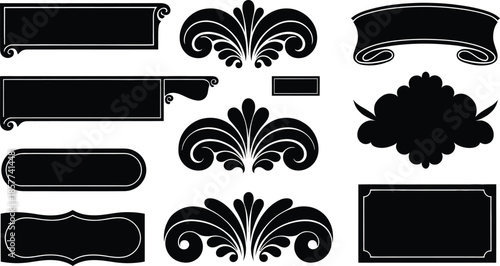Decorative Silhouette Banners Frames and Floral Ornaments Collection, vector illustration