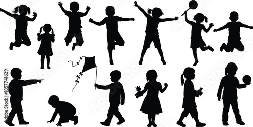 Silhouettes of children playing and moving, black figures, jumping, dancing, running, pointing, crouching, white background, expressive childhood activity illustration