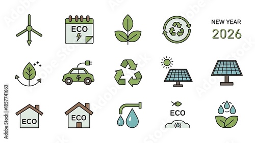 Comprehensive vector icon set highlighting environmental sustainability, renewable energy, and eco-friendly solutions for a greener future and new year initiatives