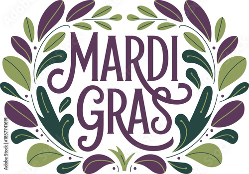 Hand Drawn Mardi Gras Calligraphy and Floral Wreath Vector illustration