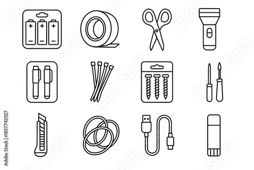 Icon roll utility flashlight screw drawer charging rubber pack pen vector cable