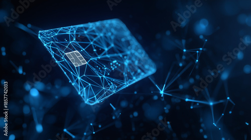 futuristic digital credit card made of glowing blue wireframe, blockchain payment concept, abstract fintech technology, dark background with network connections, cyber security and digital finance ill