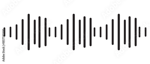 Black podcast sound wave patterns with varying amplitude bars for audio visualization and media interfaces. Digital frequency lines on white bg for music players, recording apps or broadcast design