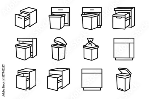 Vector recessed waste removable bag lid symbol inner drawer unit icons bin