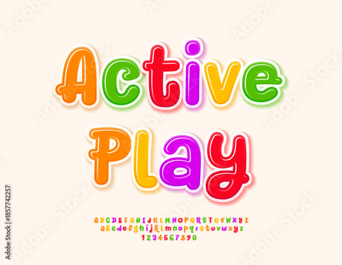Vector Kids logo Active Play. Colorful Glossy Font. Bright Children Alphabet Letters, Numbers and Symbols