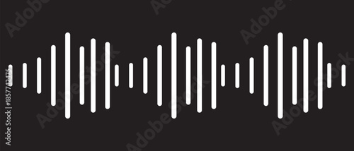 Black podcast sound wave patterns with varying amplitude bars for audio visualization and media interfaces. Digital frequency lines on white bg for music players, recording apps or broadcast design