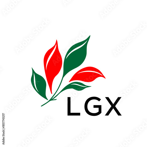 Modern Nature Inspired Logo with Red and Green Leaves, LGX Later Logo, Abstract Botanical Logo with Elegant Typography 
