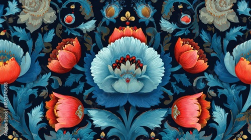 Seamless Floral Pattern with Orange Flowers on Blue Background – Decorative Botanical Design