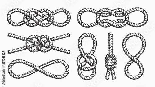 Various traditional rope knots and intricate loops perfectly tied on a plain white surface