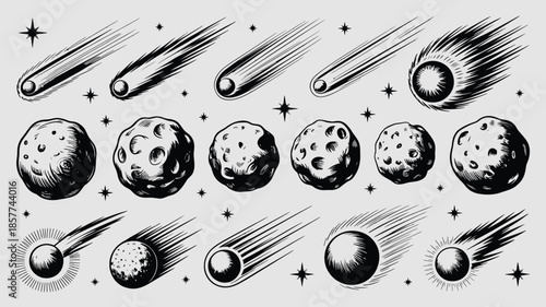 Vintage hand drawn style collection of celestial objects including meteors and asteroids in space