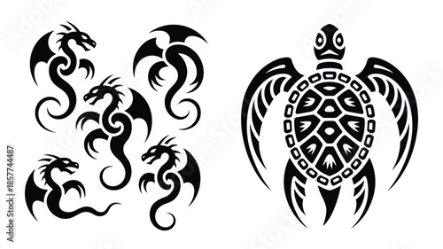 Stylized black silhouette dragons with a majestic tribal sea turtle on a white background