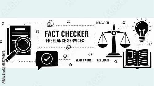 Fact Checker Freelance Services with Magnifying Glass and Scales of Justice.