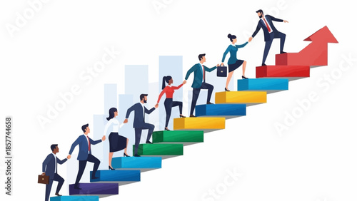 Diverse team of professionals climbing stairs towards success and growth.