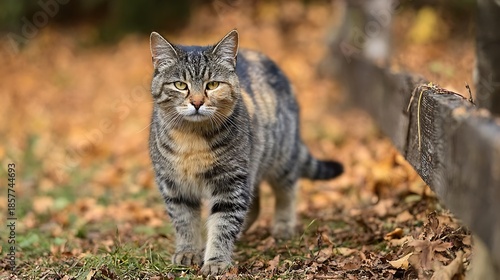 Beautiful feral tabby cat outdoors with hurt leg, warm autumn colors 3