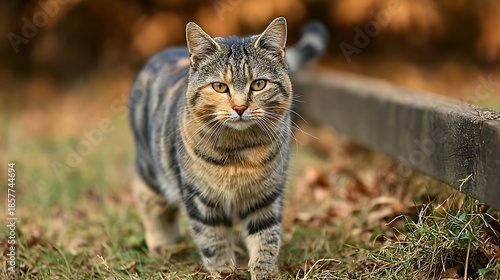 Beautiful feral tabby cat outdoors with hurt leg, warm autumn colors 2